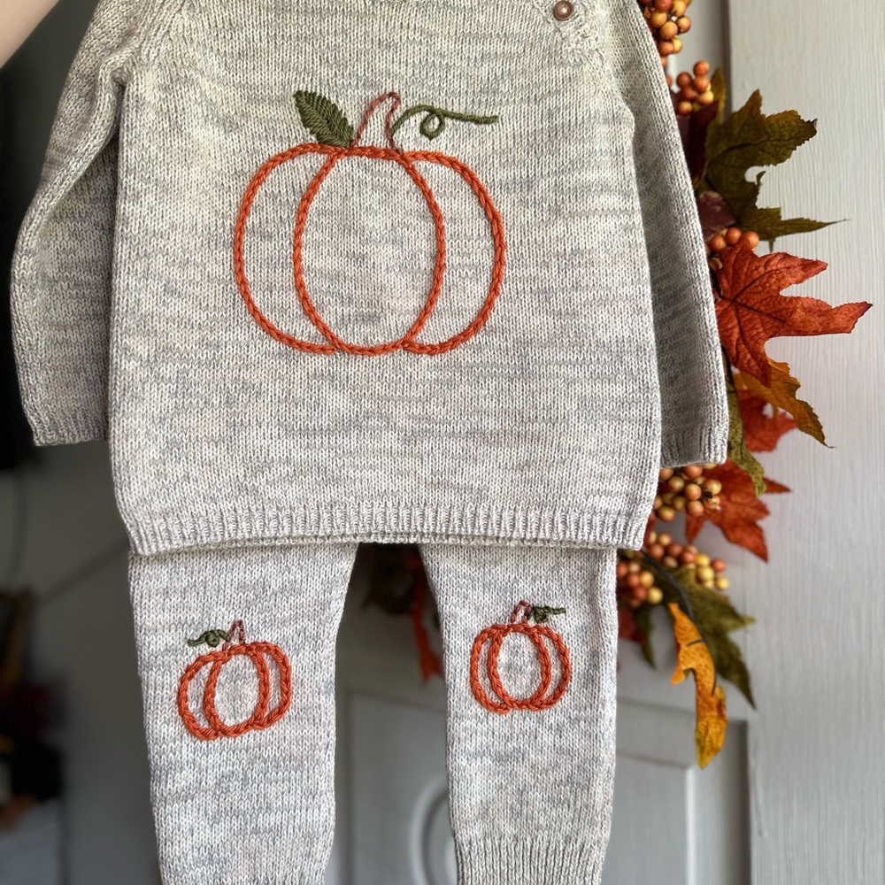 Cozy Beige and Orange Pumpkin Knit Set for Kids